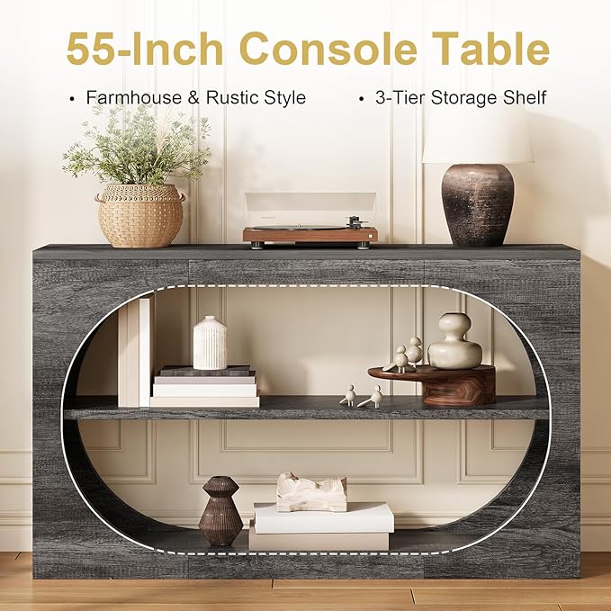 Console Table, 55-Inch Entryway Tables 3-Tier Wood Narrow Sofa Tables for Living Room Foyer Table for Entryway, Hallway, Entrance