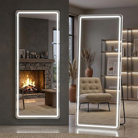 71"x32" Full Length Mirror with LED Lights, Dimmable Lighted Floor Mirror with 3 Color Lighting & Touch Control, Standing or Wall Mounted Full Body Mirror for Bedroom Dressing Room, White
