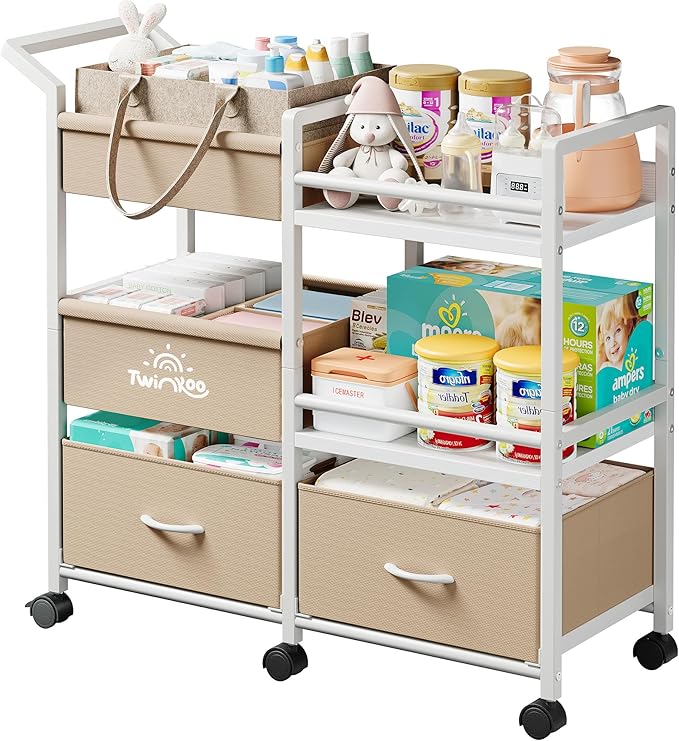 Twinkoo 2-in-1 Baby Diaper Caddy Organizer, 3 Tier Rolling Storage Cart with Dividers and Drawers, Baby Essentials for Nursery Storage, Mobile Utility Cart with Wheels Large Capacity Easy to Assemble