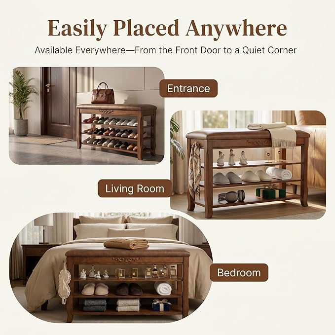 Shoe Rack Bench Entryway Storage with Leather Cushion, Shoe Organizer Bench for Entryway, Front Doors Entrances Hallway,Mudroom,Closet, Bedroom,Solidwood 3 Height-Adjustable Removable Shelve,23.6"