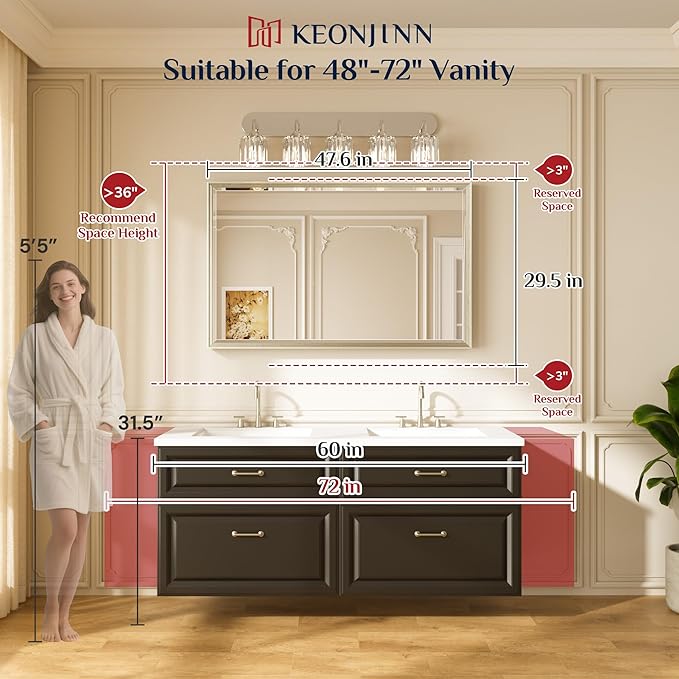Keonjinn 48" x 30" Brushed Nickel Bathroom Mirrors for Over Sink, Aluminum Alloy Wide Frame, Safe Tempered Glass with Beveled Edge, Shatterproof, Silver Bathroom Vanity Mirror(Vertical/Horizontal)