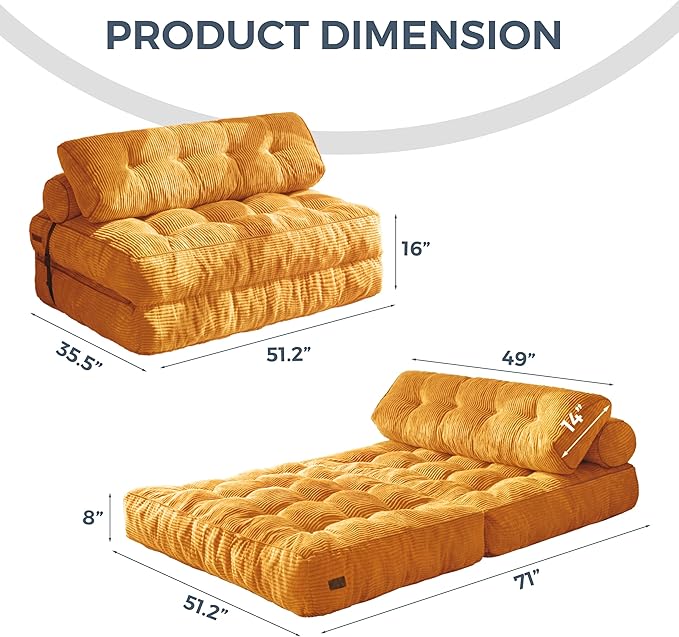 MAXYOYO Folding Sofa Bed, Convertible Chair with Pillow Foldable Couch with Back Support, Portable Fold Out Chair Bed Comfy Floor Sofa Lounge for Living Room Bedroom, Orange Double