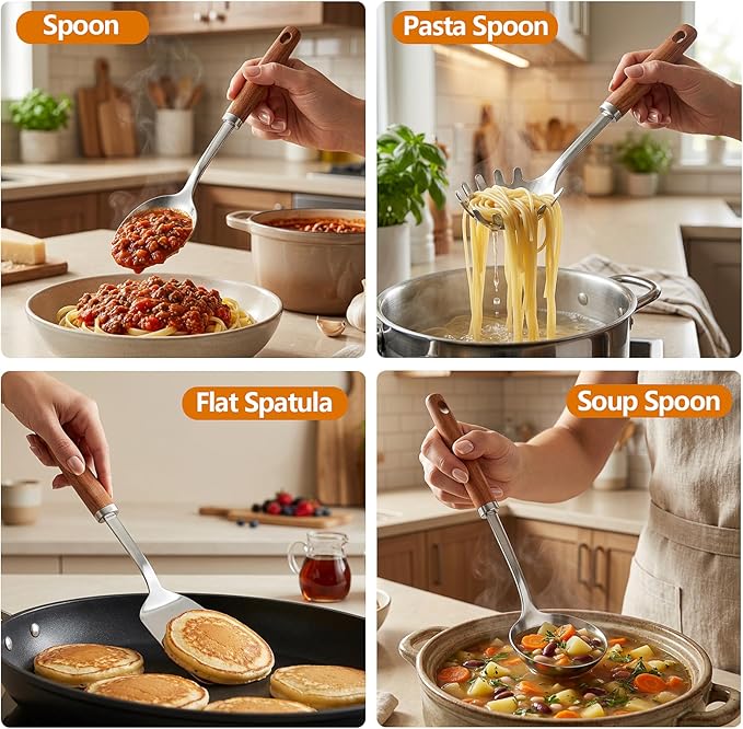 9PCS Stainless Steel Kitchen Utensils Set, Heavy Duty Wooden Handle Cooking Utensils, Metal Cookware Utensils with Spatula, Ladle, Skimmer, Spaghetti Spoon and Potato Masher, Easy to Clean