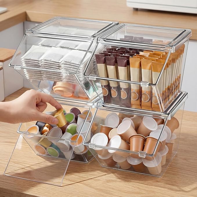 Yerliker 6 Pcs Clear Plastic Storage Bins with Lids Stackable Pantry Storage Organizer Kitchen Cabinet Organizers Ideal Containers for Coffee Pod Tea Sugar Bag Cabinet Home (Extra Large)