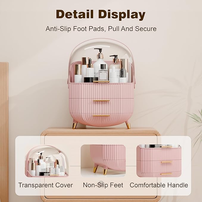 lurcns Makeup Organizers and Storage Make up Organizer for Vanity Cosmetics Skincare With Lid and Drawers Display Cases for Countertop Bathroom Women Teenager Girl Gifts(Pink+Brush Holder)