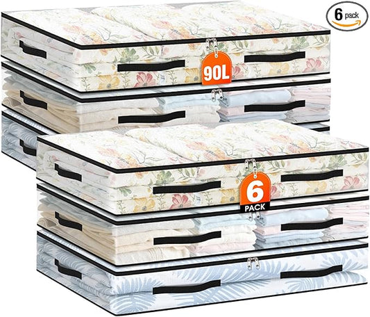 6 Pack Under Bed Storage Bags, 90L Foldable Clear Storage Containers with Handles, Dual Zippers for Comforter, Clothes, Bedding, Linen Sheets, Sweaters, Blanket Storage