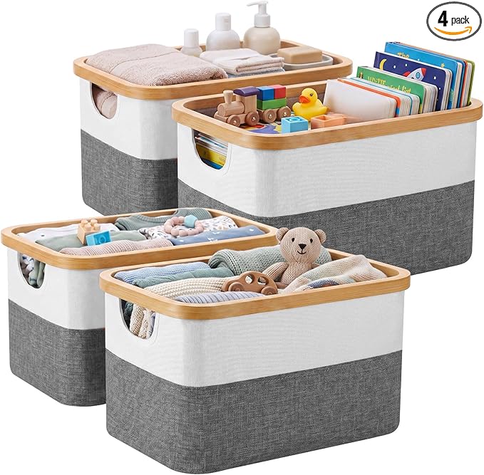 Hushee 4 Pack Bamboo Fabric Storage Bins for Shelves, 15"x10"x7.9" Collapsible Storage Baskets for Organizing, Two-Tone Foldable Bins for Clothes, Towels, Linens(White with Grey)