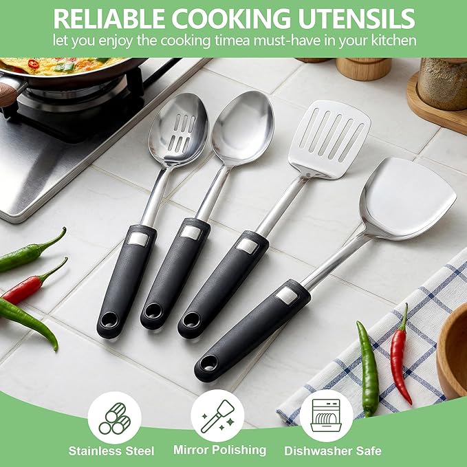 4 Pcs Cooking Utensils Set, 18/0 Stainless Steel Kitchen Utensils, Wok Utensils Set Include Slootted turner, Flat Spatula, Spoon Slotted, Spoon, Easy to Clean