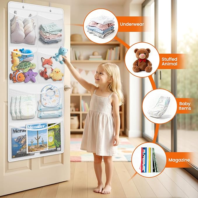 SpaceHacks Stuffed Animal Storage - Large Over the Door Organizer with 6 Expandable Mesh Pockets & Metal Hooks, Non-Woven Fabric Hanging Plush Items Holder for Nursery, Bedroom, Playroom (White)