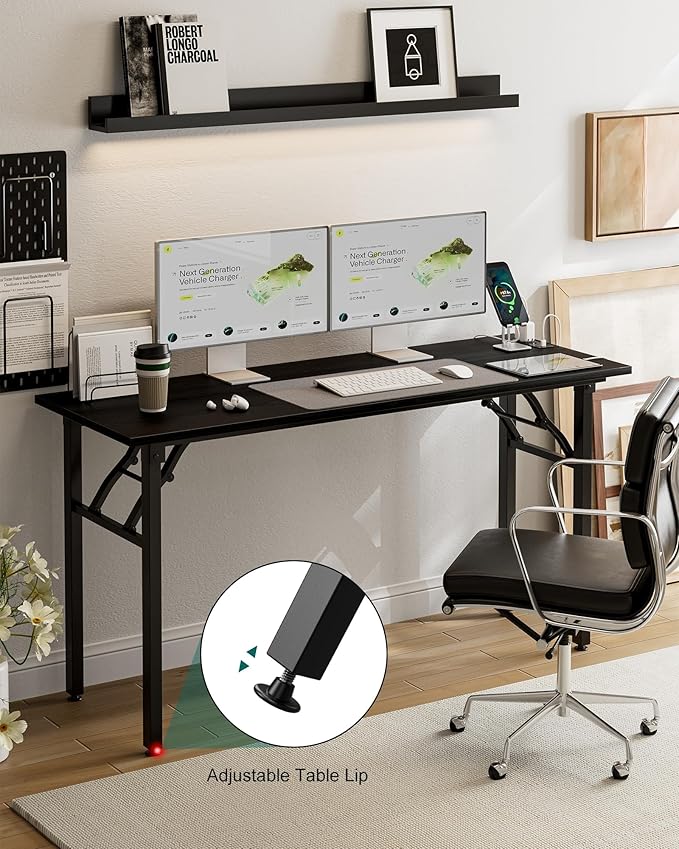 Frylr Small Folding Computer Desk – 55.1 Inch Portable Table for Craft and Study, Lightweight Desk for Small Spaces, Foldable Laptop Table Built-in AC/USB Outlets for Convenience, Dark Oak
