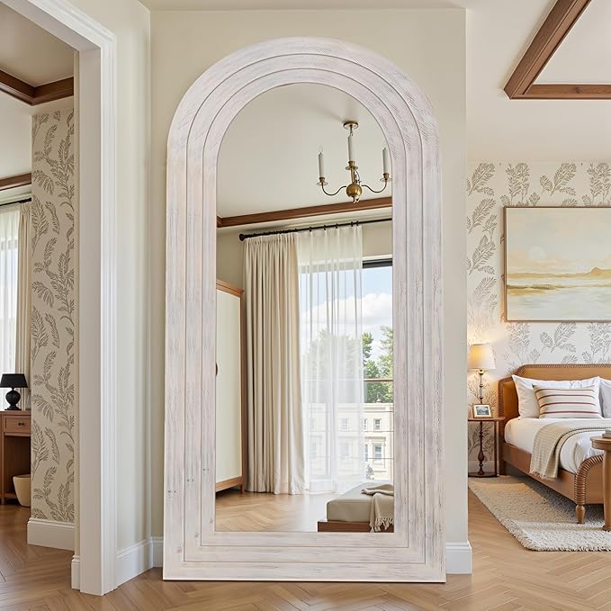 Antok Full Length Mirror with Solid Wood Frame, 81"×41" Wall Mounted Oversized Floor Mirror with Stand, Leaning Standing Hanging for Bedroom Living Room Entryway, White, Arched Syle