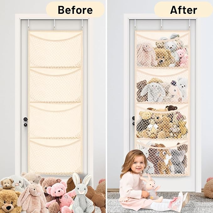 Wide Over The Door Stuffed Animal Storage, Cotton Toy Organizer for Plush Toys, Baby Supplies, Stuffed Animal Holder with 4 Large Pockets, Hanging Door Organizer for Nursery, Bedroom, Kids Room