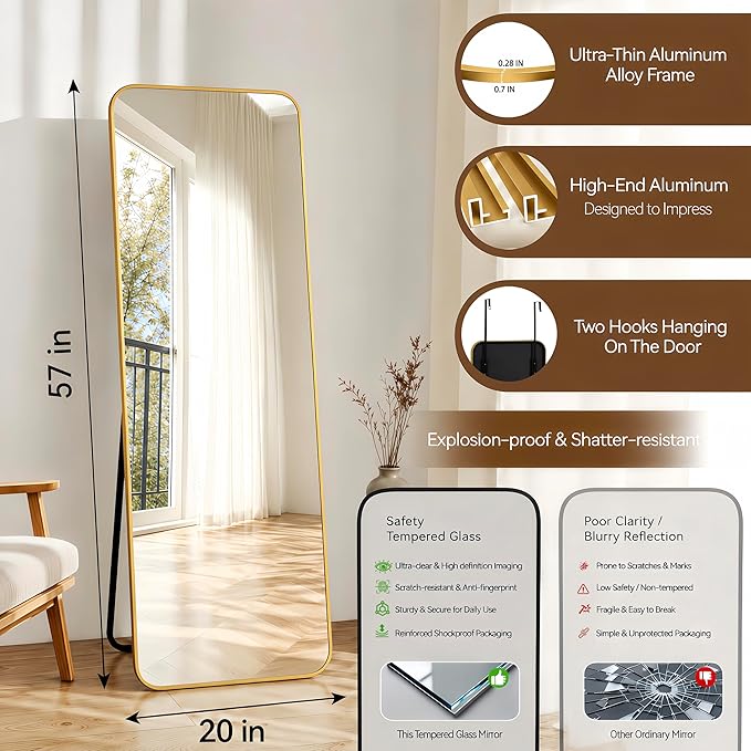 NARCISSUS 57x20 Mirror Door Hanging Full Length Body with Floor Stand or Wall Mounted Metal Aluminum Frame Tempered Glass Rectangle Mirrors for Bedroom Dressing Living Room Bathroom 57 inch Gold