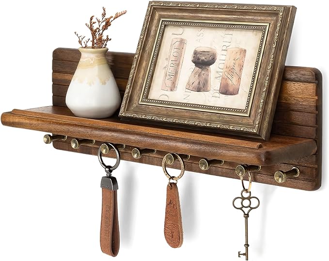Rebee Vision Acacia Wood Key Holder Wall Mount for Home Decor – Farmhouse Key Holder for Wall with 8 Durable Hooks for Dog Leash – Decorative Mail Organizer for New House Essentials (Acacia Wood)