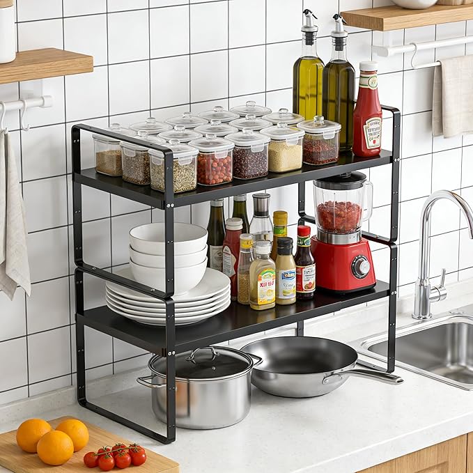 Expandable Cabinet Storage Shelf Stackable Organizer Rack for Kitchen Bathroom Pantry Spice Cupboard Countertop Home Office Desk Heavy Duty Nonslip Black Small 1 PACK