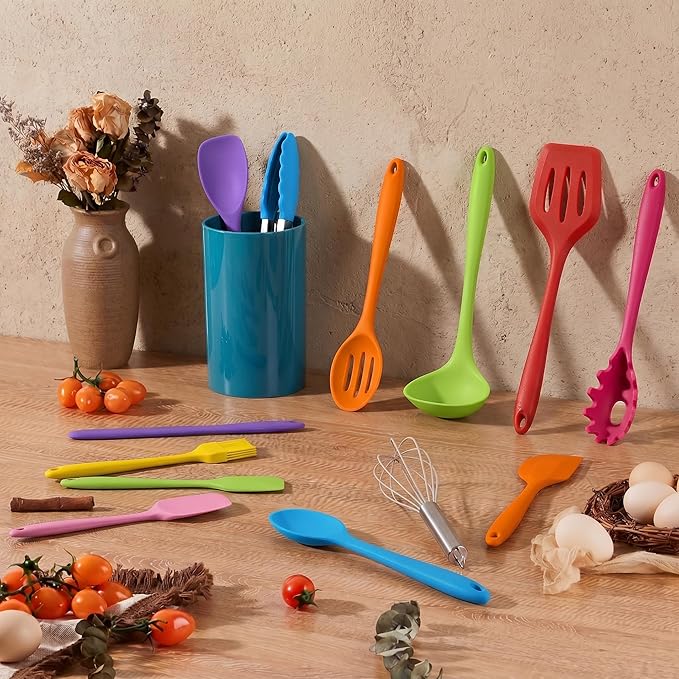 LIANYU 14 Pcs Cooking Utensils Set with Holder, Silicone Kitchen Cookware Utensils Set, Heat Resistant Cooking Gadget Tools Includes Spatula Spoon Turner Whisk Tong, Dishwasher Safe, Colorful