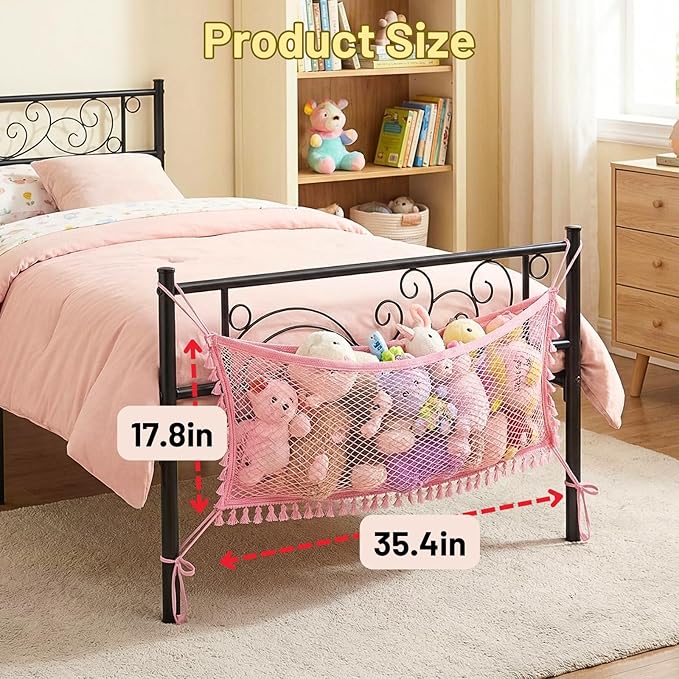 2 Pack Stuffed Animal Hammock, Bedside Stuffed Animal Storage Net Corner - Kids Nursery Wall Bedroom Home Decor, Cotton Bedside Toy Organizer Net with Tether, Stretches up to 36 In, Pink