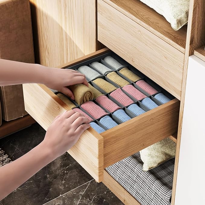 joyoldelf Sock Drawer Organizer Divider 2 Packs Underwear Organizer, 24 Cell Closet Organizers and Storage Organizer Sock Holders Organizers for Storing Socks, Handkerchiefs, Ties, Belts (Grey)