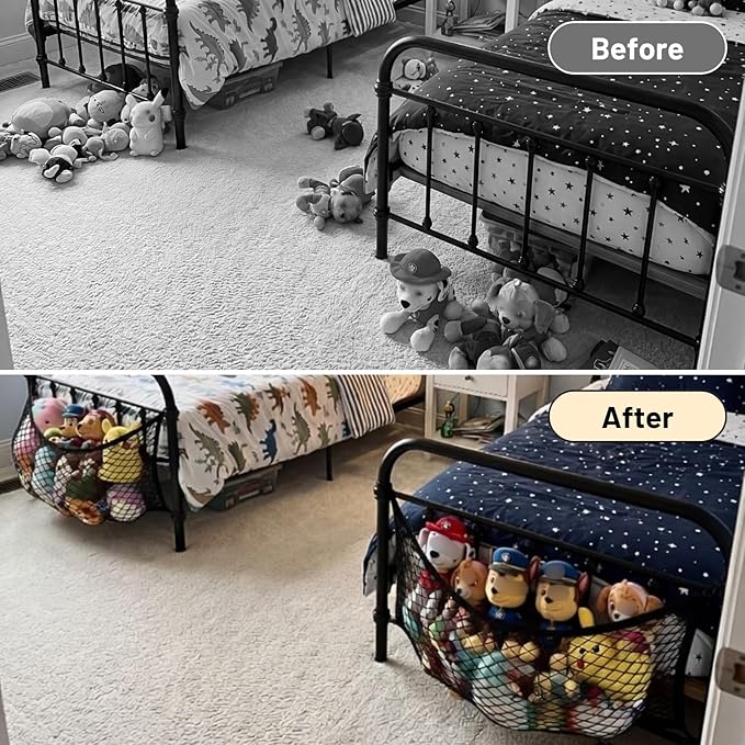 Stuffed Animal Storage Net for Kids, Bedside Toy Organizer Net - Neatly Store Your Stuffed Animals, Elastic Bedside Stuffed Animal Storage Net with Tether, Stretches up to 32 Inches, Black
