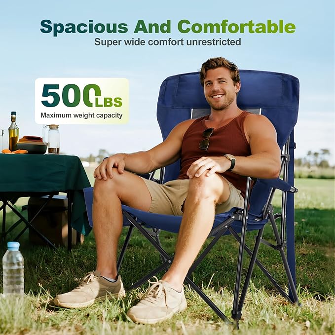 ALPHA CAMP Oversized Folding Camping Chairs High Backrest Heavy Duty Lawn Chairs for Adults Support 500 LBS Portable Camp Chairs with Cup Holders Large Side Pocket Outdoor Chair 2 Pack