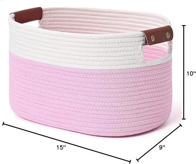 ECDYQXVU Cotton Rope Basket, Storage Baskets with Handle, 15x10x9 Inch Woven Basket for Shelves, Laundry, Towels, Clothes, Books (White/Pink 1Pack)