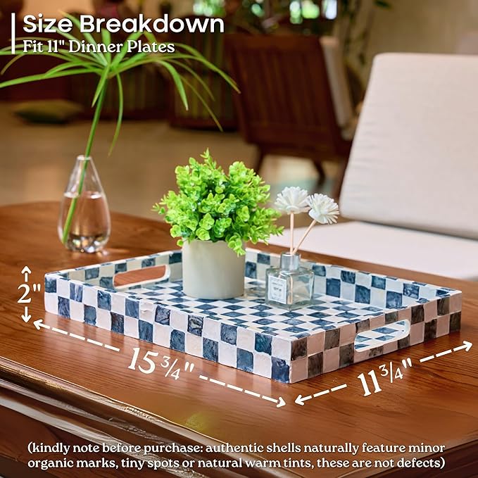 CHI AN HOME 15.8" x 11.8" Decorative Rectangular Tray with Natural Capiz Shells, Checkered Tray with Handles, Serving Tray for Ottoman, Coffee Table, Kitchen Counter Home Decor (Navy Blue)