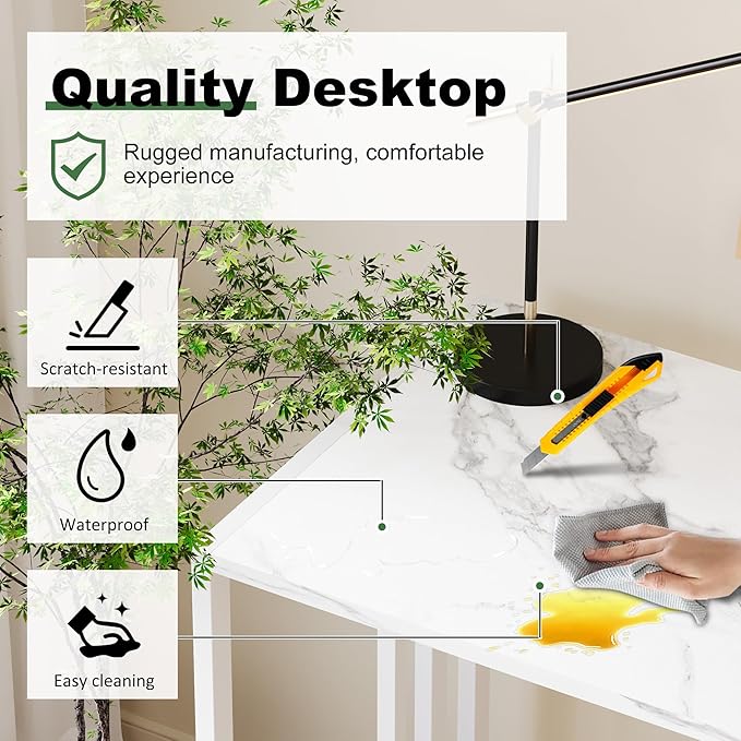 Lutown-Teen 35 inch Folding Small Desk, Writing Gaming Computer Camping Desk for Small Spaces, No Assembly Required Home Office Table, White Marble