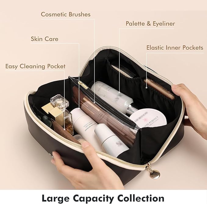 Prite Makeup Bag for Women Travel Waterproof Vegan Leather Cosmetic Bag Open Flat Toiletry Bag With Clear Divider and Handle (Black, Medium)