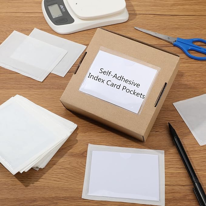 Outus 200 Pack 3.5 x 4.4 Inch Self Adhesive Label Pockets Bulk Plastic Labels Holders for Storage Bins Clear Classroom Nameplate Sleeves Index Card Tote Photos Waterproof Protect Office
