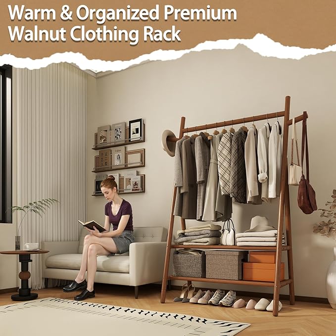 Solid Wood Clothes Rack with 2 Shelves & Hooks, Freestanding Garment Rack & Coat Rack Load 350 Lbs for Hanging Clothes & Organizer, Simple and Practical for Entryway Bedroom Living Room 39.5W