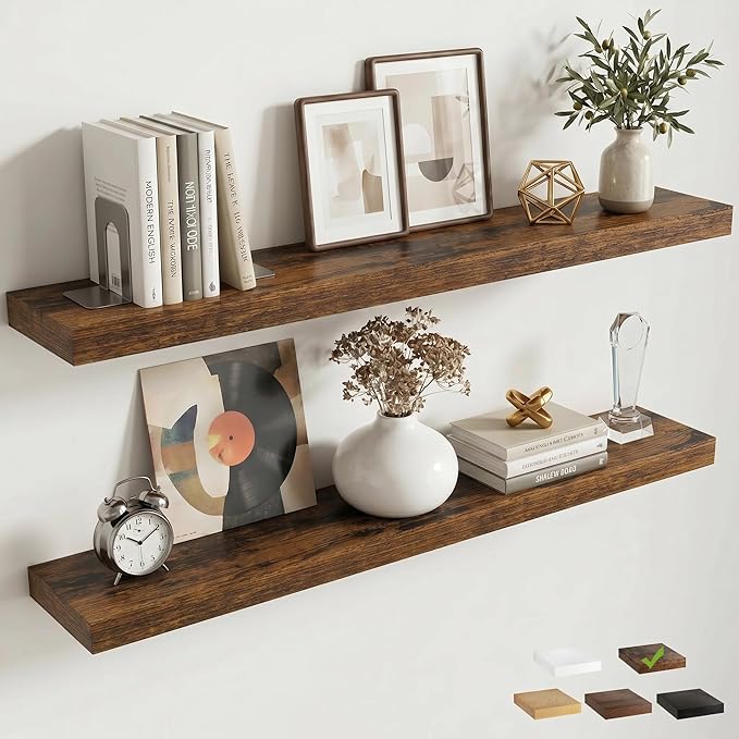 Venusmiles Floating Shelves for Wall, 40 Inch Floating Shelves Set of 2, 6.5" D Wooden Wall Mounted Display Shelves with Invisible Brackets for Living Room, Bedroom, Bathroom, Kitchen Decor, Brown