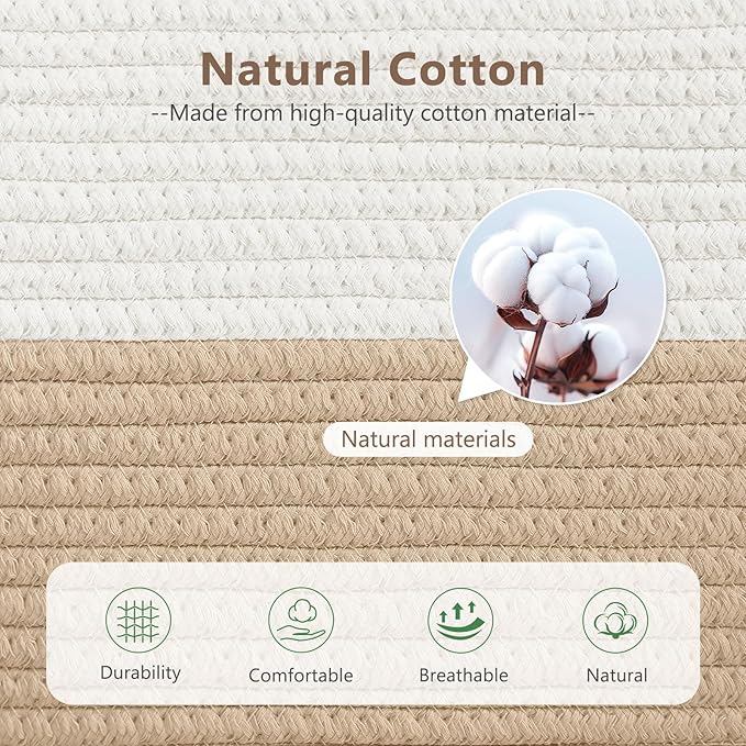 ECDYQXVU Cotton Rope Basket, Storage Baskets with Handle, 15x10x9 Inch Woven Basket for Shelves, Laundry, Towels, Clothes, Books (White/Beige 1Pack)