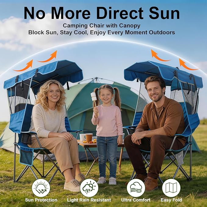 Romswi Large Folding Canopy Camping Chairs for Adult 2 Pack, Portable Outdoor Chairs with Sunshade,Cup Holder & Side Pocket for Camping, Fishing, Beach, Backyard, Sea Blue