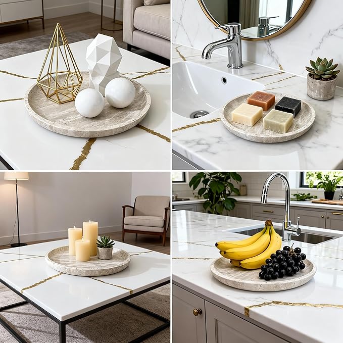 Vanity Tray for Bathroom, Dresser, Counter, Home Decor 10.24” D x 1.18”H Travertine Round Decorative Tray for Candles, Perfumes, Jewelry, Plants Natural Stone Organiser Dish Beige (NS053)