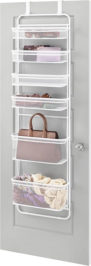 Whitmor Over The Door Organizer Storage, 6 Tier Hanging Door Organizer with Metal Frame & Mesh Baskets, Heavy Duty Behind Door Storage for Pantry, Bathroom, Closet, 17.7"W x 7.9"D x 67"H, White