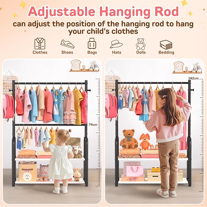 Kids Clothing Rack with 2-Layer Storage Shelf and 2 Adjustable Hanging Rods,Dress Up Rack for Hanging Clothes,Dress up Storage for Baby Toddle Kids(Classic, Black)