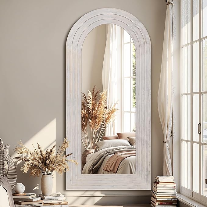 Antok Full Length Mirror with Solid Wood Frame, 71"×32" Wall Mounted Oversized Floor Mirror with Stand, Leaning Standing Hanging for Bedroom Living Room Entryway, White, Arched Syle