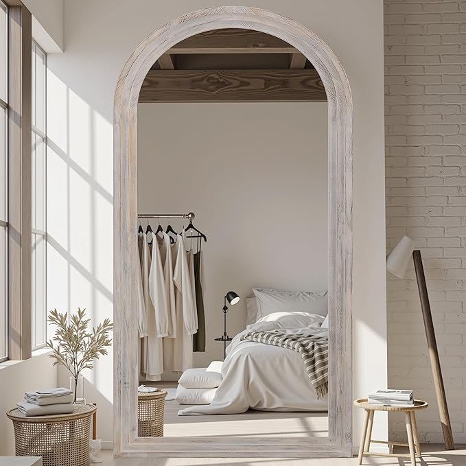 Full Length Mirror, 81"x41" Wooden Mirror Full Length with Stand Wood Floor Mirror, Oversized Stand Up Mirrors Large Wall Mirrors, Wall Mounted Mirrors, Arched Wood Style, White