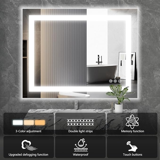 Sweetcrispy 28"x36" Smart Anti-Fog LED Bathroom Mirror with Lights and Front Light & Backlit, 3 Color Temperatures, Dimmable, Memory Function, Rectangle Modern Vanity Mirror