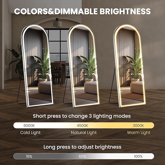 NEWBULIG 71"x26" Arched Full Length Mirror with Light, 3 Color Lighting Full Body Floor Mirror with Aluminum Alloy Thin Frame, Wall or Standing Mirror for Bedroom, Living Room, Dressing Room, White