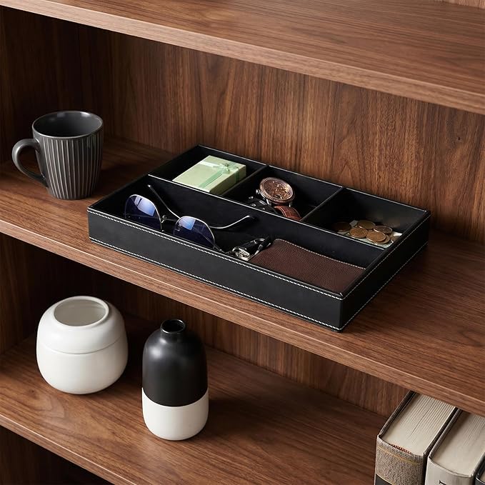 2 Pieces Leather Valet Tray Nightstand Drawer Organizer Stackable Jewelry Organizer For Drawer Key Wallet Sunglass Watch Coin Phone Bedside Dresser Top Tray Black
