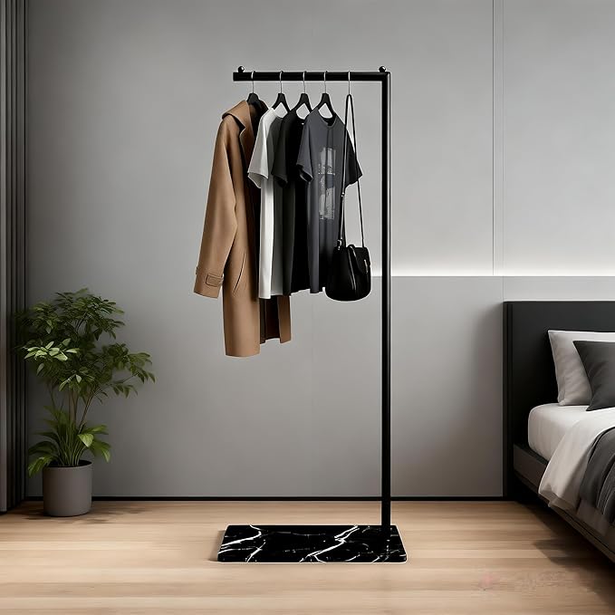 Black Clothing Rack with Marble Base,Freestanding Garment Rack for Hanging Clothes,Modern Coat Rack, Minimalist Clothes Rack for Small Spaces,Bedroom,Entryway,Boutique Display