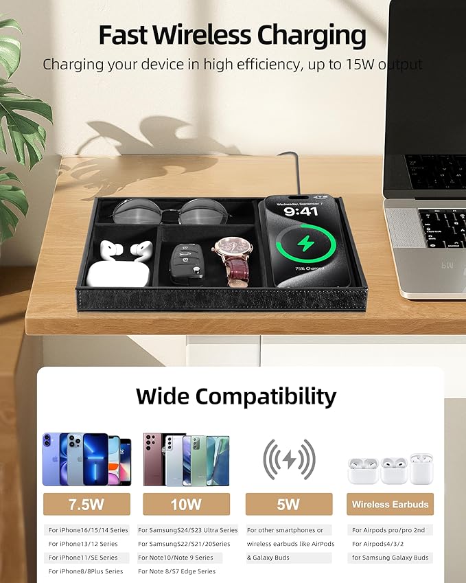 Valet Tray with Wireless Charger, Nightstand Organizer for Men, EDC Catchall Tray for Keys, Watch, Wallet, Jewellery, Premium Vegan Leather, Bedside Caddy, Stylish and Organized, PU Black