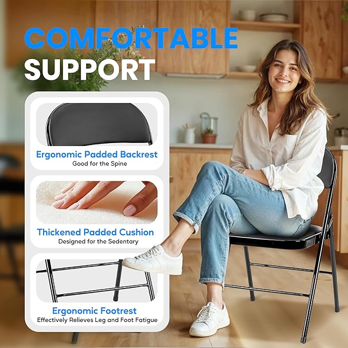 Simple Deluxe 4 Pack Folding Chairs with Leather Padded Cushion Seats & Durable Metal Frame, Comfortable, Foldable, Portable, Commercial Event Seat, Indoor Outdoor for Parties, Home, Office, Black