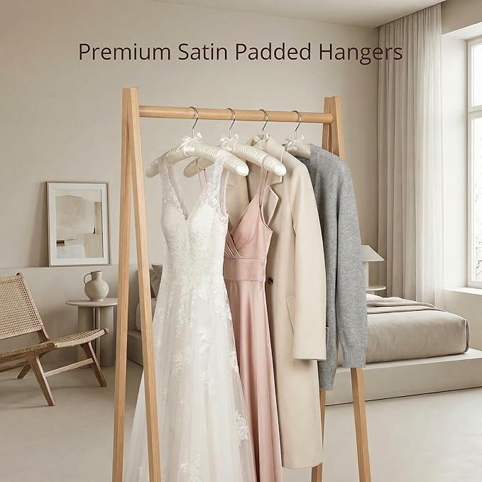 HOUSE DAY 17 Inch Satin Padded Hangers for Women, 6 Pack Heavy Duty Silk Hangers with Swivel Hooks, No Shoulder Bump Thick Foam Hangers for Sweater, Wedding Dress, Coat & Delicate Cashmere - Beige