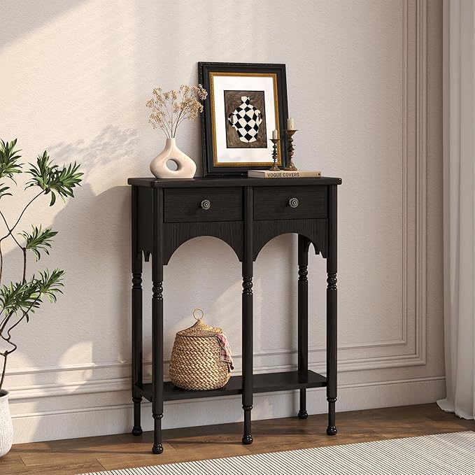 Console Table with 2 Drawers & Shelf, 28" Mid-Century Modern Entryway Table, Retro 2-Tier Sofa Table, Wooden Accent Table for Living Room, Hallway, Black