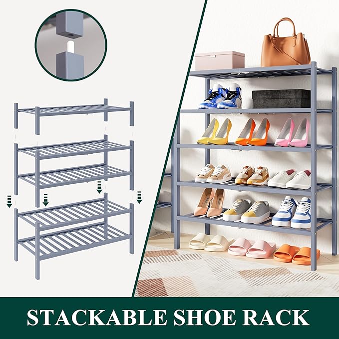Smiry Bamboo Shoe Rack, 3 Tier Free Standing Wooden Shoe Organizer, Stackable Wood Shoe Storage Shelf for Closet, Entryway, 14 Vertical Slats, 2+1 Stack Heavy-Duty Legs, 26.8"x11"x19.5", Grey