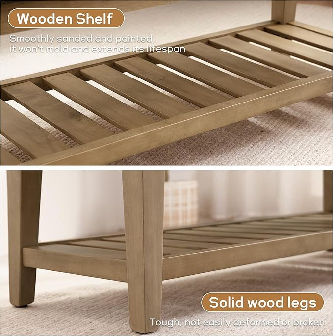 Zihanhome Entryway Shoe Bench with Cushion, End of Bed Bench,Upholstered Bench for Kitchen, Bench with Solid Wood Shelf, Fabric Ottoman Bench for Hallway, Living Room (Textured Beige)