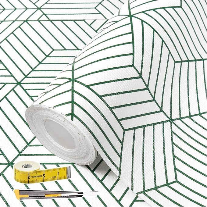 Green Geometric line Pattern Shelf Liners, Non-Adhesive and Anti-Slip Thickened Drawer Liners, Easy to Clean, Kitchen cabinets, toolboxes, refrigerators, Including Tools. 17×236.22 inches.