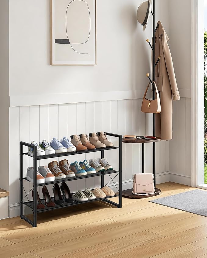 CHOEZON Shoe Rack, 3-Tier Shoe Rack for Closet, Metal Shoe Storage Organizer, Shoe Rack for Entryway, Shoe Shelf with Adjustable Feets, for Entryway, Hallway, Living Room, Bedroom, Black TXJ13BB